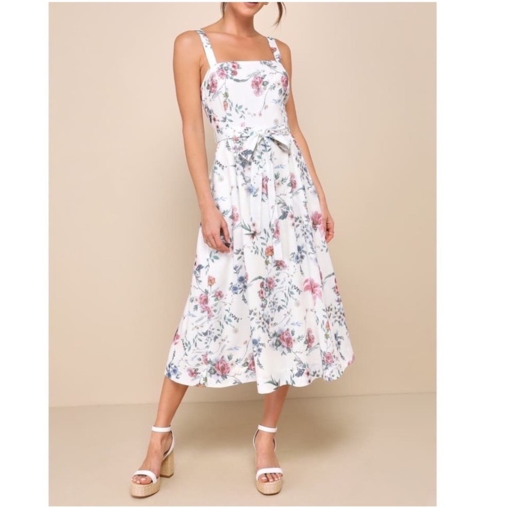 NWT Lulus Sunny Posture Ivory Floral Sleeveless Midi Dress XS - Picture 2 of 5